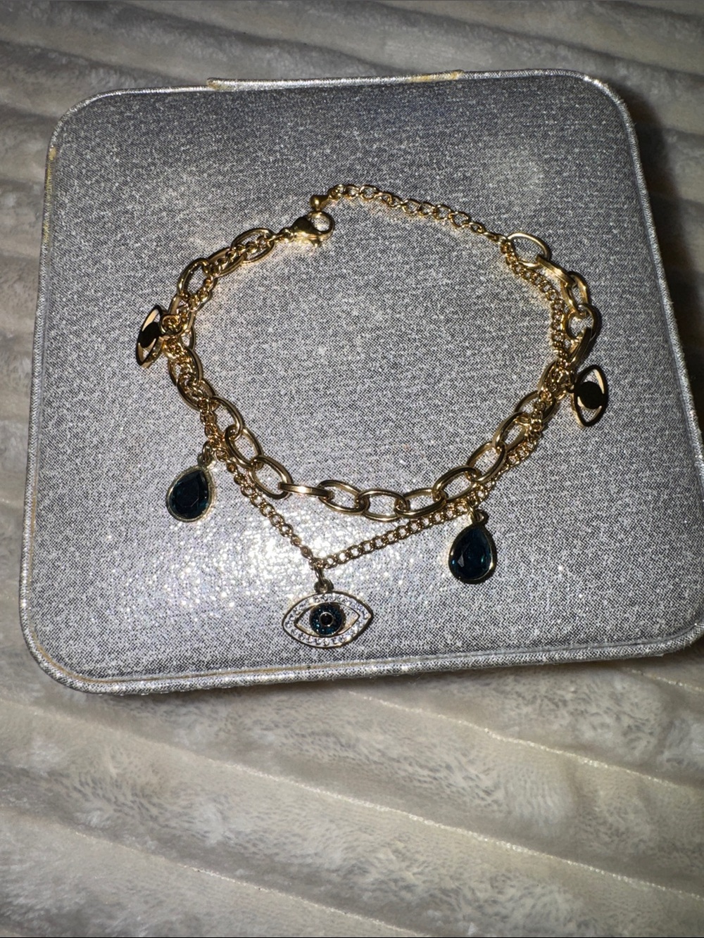 Gold Evil Eye Charm Bracelet with Dark Blue Crystal Drops  New